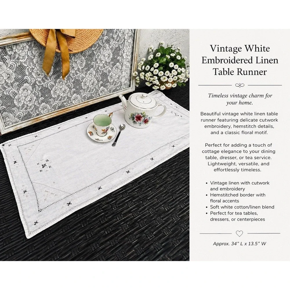 Vintage White Cutwork‎ Eyelet Embroidered Table Runner, Linen 34